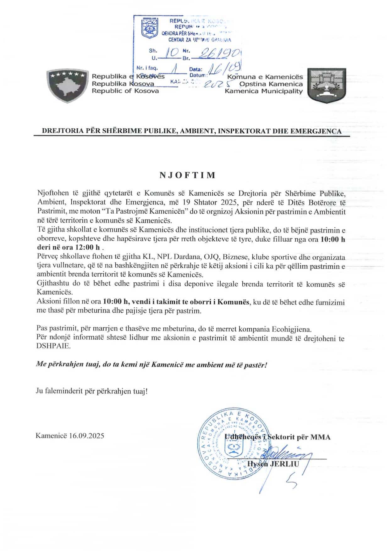 Njoftim për aksionin “Ta pastrojmë Kamenicën”