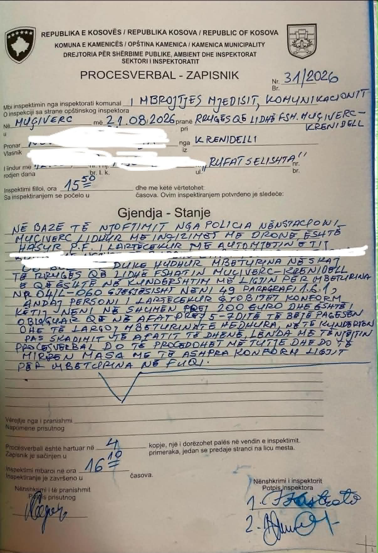 Inspektorati Komunal në bashkëpunim me Policinë identifikon dhe gjobit personin që hodhi mbeturina